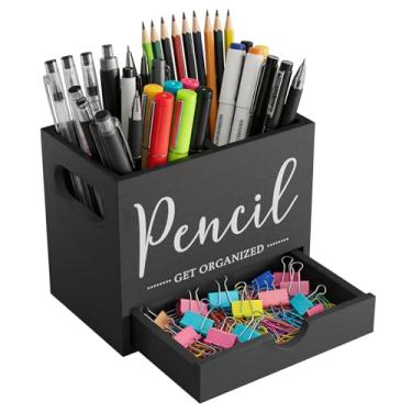 Imagem de kulusion Organizador de mesa com gaveta, suporte multifuncional de madeira com 2 compartimentos, caixa de armazenamento de suprimentos de arte dupla para escritório, escola, casa (preto)