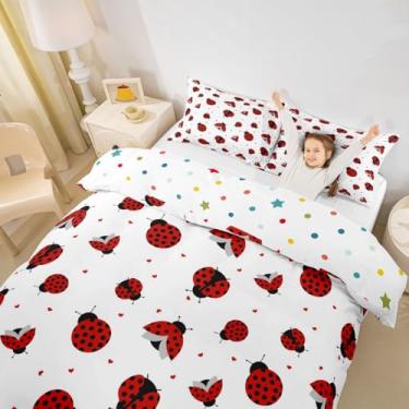 Imagem de Manfei Conjunto de capa de edredom infantil joaninha, tamanho solteiro, desenho de inseto, réptil, besouros, meninas, meninos, decoração de quarto, capa de colcha vermelha branca, 1 fronha (sem