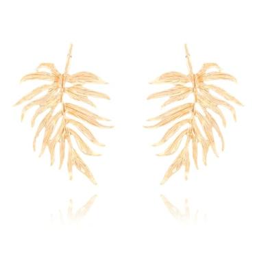 Imagem de Wantjewlee Brincos de ouro para mulheres, na moda, hipoalergênicos, volumosos, folha de flor, brincos pendentes de gota de ouro para festas, casamentos, presentes de aniversário, Metal, Sem pedra
