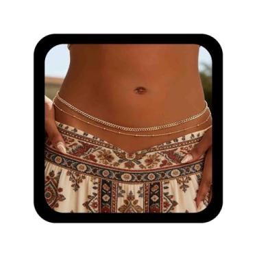 Imagem de Allereyae Corrente de barriga Boho com clipe de papel, corrente de cintura dourada, cintos de cintura em camadas, corrente mínima para o corpo, biquíni ajustável, acessórios para mulheres (dourado1