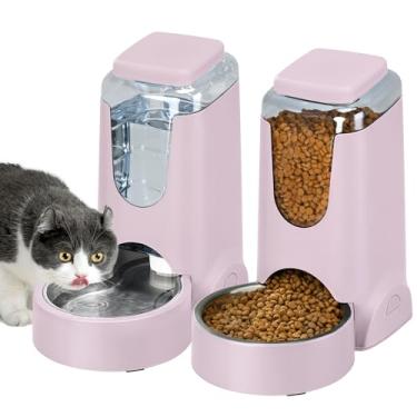 Imagem de Pacote com 2 alimentadores automáticos para gatos e dispensador de água de aço inoxidável, conjunto de bebedouro para cães por gravidade, conjunto de alimentador e bebedouro para animais de estimação