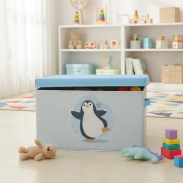 Imagem de Caixa Organizadora Infantil Menino Azul com Tampa – Estampa Pinguim Fofo | Ideal para Brinquedos, Roupas e Livros - 30 Litros Flytex