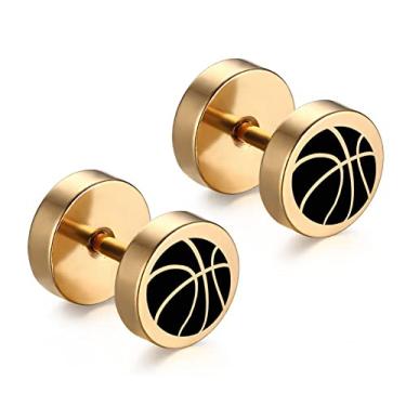 Imagem de Brincos esportivos masculinos, pretos, joias viking, aço inoxidável, 2 lados, basquete, futebol, voleibol, beisebol, esporte, parafuso, costas planas, plugue de ouvido falso, 8 millimeters, Metal