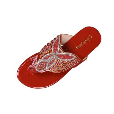 Imagem de Sandálias planas femininas enfeitadas com strass para praia e férias confortáveis para uso ao ar livre chinelos estilo boêmio, Vermelho, 36