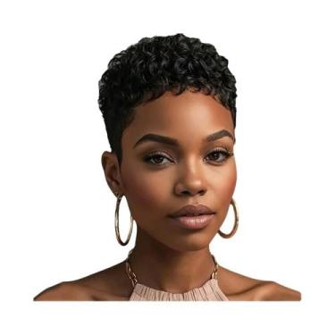 Imagem de Peruca Feminina Curta Pixie Afro Cacheada Kinky Brasileira De Cabelo H