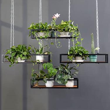Imagem de Prateleira de cesta suspensa de ferro preto industrial, rack de exibição de plantas de madeira de 80 x 25 x 15 cm, suporte decorativo para vaso de flores com corrente, organizador rústico de decoração