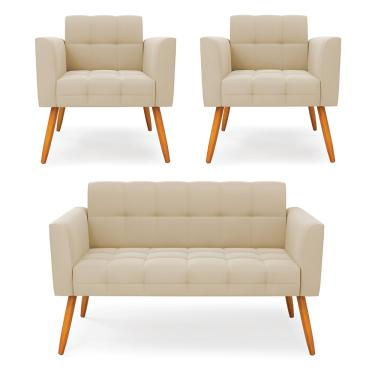 Imagem de Kit 1 Sofá Namoradeira e 2 Poltronas Elisa Suede Bege Pés Palito Castanho D03 - D'Rossi