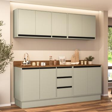 Imagem de Cozinha Modulada 4 Peças com Tampo e Rodapé Koya Politorno - Branco/Verde Oliva