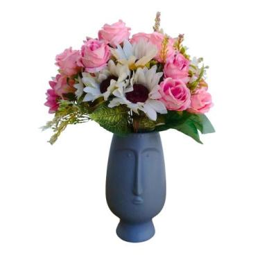 Imagem de Cachepot Face com Arranjo em Flores e Folhagens Artificiais 40x13,5cm 