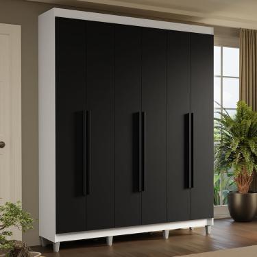 Imagem de Guarda Roupa Casal Saturno 6 Portas Batentes 4 Gavetas MDP Branco-preto-preto Madesa