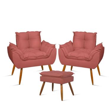 Imagem de Kit 02 Poltronas Decorativas E Puff Opala Suede Rosa Balaqui Decor