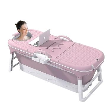 Imagem de Banheira Ofurô Dobrável Portátil Adulto 117 cm Modelo com Suporte para Banho Relaxante Retrátil Rosa VG Plus