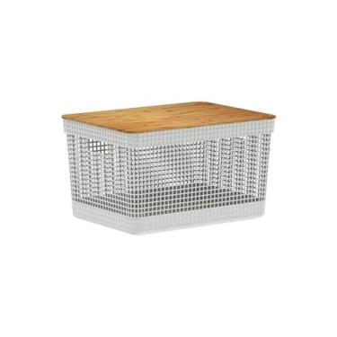 Imagem de Cesto organizador Ou 20L com tampa de bambu Linha Grid, Branco Oceano