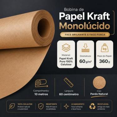 Imagem de Papel Kraft Pardo 60g Puro - 60cm De Largura x 10 Metros Monolúcido - 
