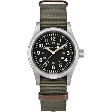 Imagem de Hamilton Relógio Khaki Field Mechanical 38 mm | Feito na Suíça | Caixa de aço inoxidável de 38 mm | Relógio analógico com mostrador preto | Pulseira NATO de tecido verde (modelo: H69439931), Preto,
