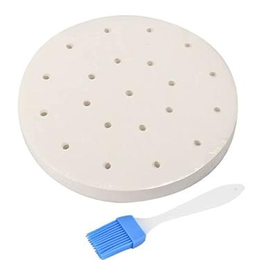 Imagem de Folhas de papel de pergaminho perfuradas para forno a ar fritadeira, 200 peças de papel de cozimento, forro de pergaminho retangular antiaderente para fritadeira a ar, cesta de vaporizador de bambu, papel de cozimento, micro-ondas, forno, redondo, branco