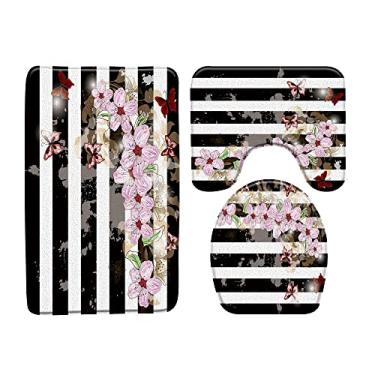 Imagem de Tapete de banho de flores e pássaros com fundo de listras pretas e brancas tapetes de banheiro conjunto de 3 peças tapete de banho tapete higiênico produtos de banheiro, 4938L, 450MMx750MM