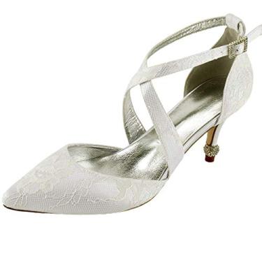 Imagem de Sapatos femininos de casamento D Orsay salto médio bico fino renda noiva casamento sapatos para noiva alça de corpo, Marfim, 6.5