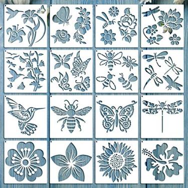 Imagem de 16 peças de estêncil de flor para pintura de abelha girassol borboleta estêncil primavera modelo grande reutilizável pintura de verão estêncil e anel aberto de metal para artesanato DIY em parede de madeira decoração de casa (15 x 15 cm)