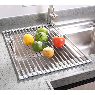 Imagem de Escorredor de louça dobrável – Escorredor de louça sobre a pia na pia, escorredor de louça, escorredor de louças dobrável - Escorredor de pratos portátil de aço inoxidável (40,64 cm x 25,44 cm)
