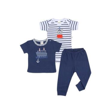 Imagem de Kit 3 Peças Body, Camiseta E Calça Best Club Baby Azul Marinho E Branc