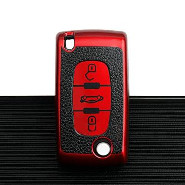 Imagem de CSHU Couro TPU 2 3 Botões Car Key Case Cover Chaveiro Ring Key Bag, apto para Peugeot 107 207 307 307S 308 407 607 Citroen C2 C3 C4 C5 C6 C8,3 botão vermelho