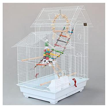 Imagem de KIZQYN Gaiolas de pássaros Gaiola de papagaio de teto duplo grupo de recriação gaiola de pássaro papagaio gaiola de pássaro grande, com alimentador brinquedos para animais de estimação, adequado para tentilhões e pombos gaiola de voo de aviário de papagaio pequeno (cor: branco)