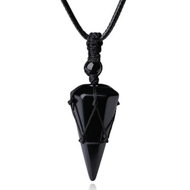 Imagem de XIANNVXI Colar de pedra de cristal curativo ajustável corda preta com pingente de pedra preciosa natural para homens e mulheres, corda, Obsidiana
