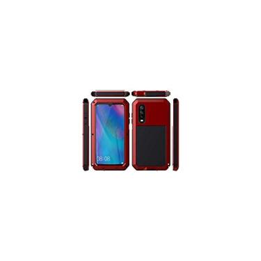 Imagem de Compatível com Huawei P30, capa de metal resistente militar para esportes ao ar livre, à prova de choque, à prova de poeira, capa de corpo inteiro com protetor de tela temperado de vidro embutido (vermelho)