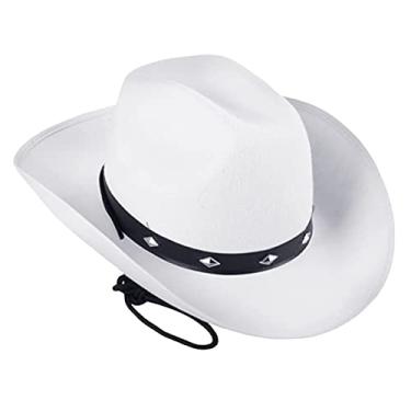 Imagem de Chapéu de Cowboy de Estilo Ocidental Chapéus de Feltro Feminino Masculino Jazz Cartola com Cordão de Vento para de Festival de Música, Branco