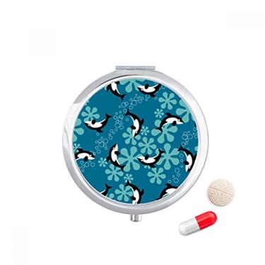 Imagem de Caixa de comprimidos com desenho animado Dolphins Whales Blue Waves para viagem, caixa de armazenamento de medicamentos, dispensador de espelho