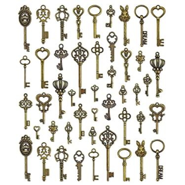 Imagem de JIALEEY Amuletos de chave de esqueleto vintage, 23 tipos de 46 peças, pingentes de chave de bronze antigo para colar, pingente, faça você mesmo, suprimentos para fazer joias, lembrancinhas de