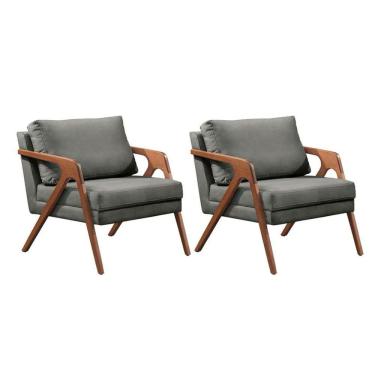 Imagem de Kit 2 Poltronas Mona Luxo Madeira Maciça Linho Cinza