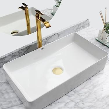 Imagem de Kit Cuba Pia Louça Cerâmica Banheiro C/Torn e Vál Dourada 2