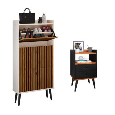 Imagem de Kit Quarto Sapateira Vertical 3 Gavetas Basculantes Dark Off White/Ripado e Mesinha Lat...