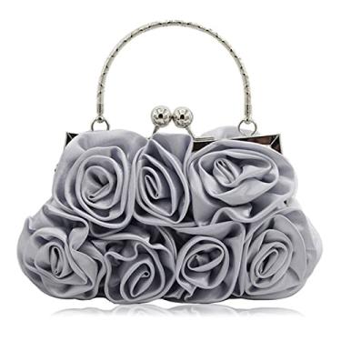 Imagem de JAMBHALA Bolsa de mão feminina de cetim floral com alça removível para casamento, festa, formatura, Prata, Small