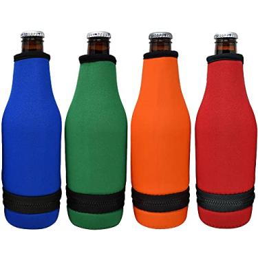 Imagem de TahoeBay mangas para garrafa de cerveja – parte inferior com zíper fácil – capas térmicas isoladas de neoprene servem para garrafas de pescoço longo padrão de 355 ml com fundo fechado (multicolorido, pacote com 4)