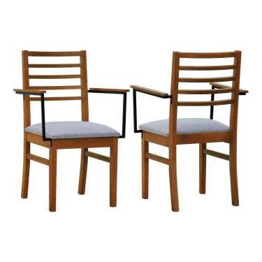 Imagem de Kit 2 Cadeiras Tiê Madeira Maciça Encosto Ripado C-braço Metal - Amêndoa Assento Estof. Linho Cinza Mescla Impermeável