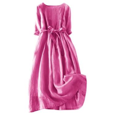 Imagem de Vestidos femininos de verão de linho de algodão sólido solto manga 3/4 vestidos soltos vestidos rodados laço cinto plissado vestido evasê, rosa, XXG