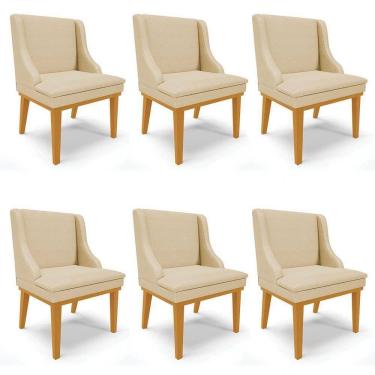 Imagem de Kit 6 Cadeiras Estofadas Para Sala De Jantar Base Fixa De Madeira Castanho Lia Veludo Off White