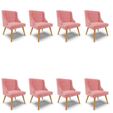 Imagem de Kit 8 Cadeiras Estofadas Para Sala De Jantar Pés Palito Lia Suede Rosê - Ibiza
