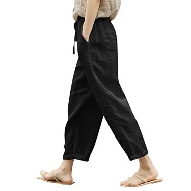 Imagem de Calça feminina de linho de verão com bolso solto, cintura elástica, perna larga, retrô, literária, lisa, calça feminina de verão, Preto, G