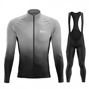 Imagem de Conjunto de camisa de ciclismo quente masculino de inverno térmico de lã para bicicleta ao ar livre manga longa 3D acolchoado babador calças para corrida, cinza, PP (160 cm/53 kg)
