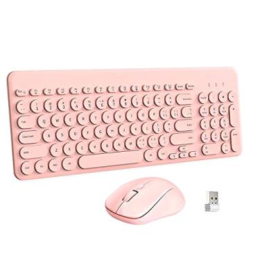 Imagem de Combo de teclado e mouse sem fio, JieruiDeng 2,4 GHz USB sem fio, tamanho completo, teclado colorido com teclado numérico e conjunto de mouses silenciosos para computador, laptop, PC, gamer (rosa)