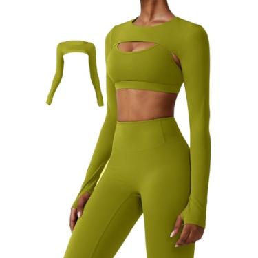 Imagem de Vertvie Blusa feminina de manga comprida, bolero, para treino, frente aberta, corte, cardigã recortado, ioga, esportes, camisetas, capas de braço, Verde, Large