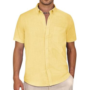 Imagem de Alimens & Gentle Camisa masculina de linho de manga curta casual de algodão com colarinho camisas de praia de verão, Amarelo claro, 3G