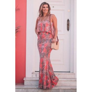 Imagem de Vestido Longo Sereia Estampado De Alça Vermelho [F081]