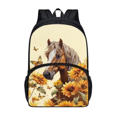 Imagem de Suobstales Mochila casual de 43 cm, mochila leve para livros, bolsa de ombro com bolso com zíper para crianças e adolescentes, Cavalo e girassol, borboleta, One Size