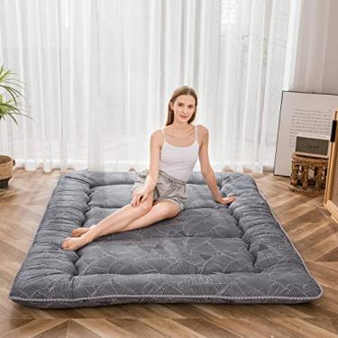 Imagem de MAXYOYO Colchão de futon japonês com estampa de folha preta, almofada de dormir engrossada, colchão dobrável para hóspedes, cama de casal