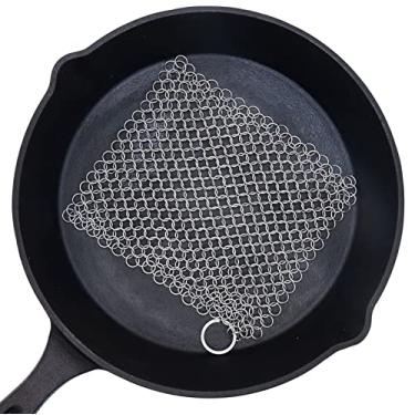Imagem de BabriInta Esfregão de ferro fundido – Esfregão de corrente de aço inoxidável de 15 cm para panelas de ferro fundido, limpador de cota para frigideira, wok, panela, fornos holandeses